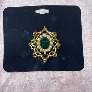 Elegant Monet Gold and Green Brooch with Pearl Accents